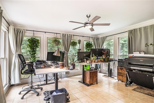 3003 Hanover Ln SE, Conyers, GA 30094 - tiled home office featuring a ceiling fan and crown molding