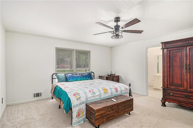 3003 Hanover Ln SE, Conyers, GA 30094 - bedroom with light carpet, crown molding, a ceiling fan, and ensuite bath