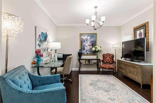 home office with ornamental molding, an inviting chandelier, and dark hardwood / wood-style floors