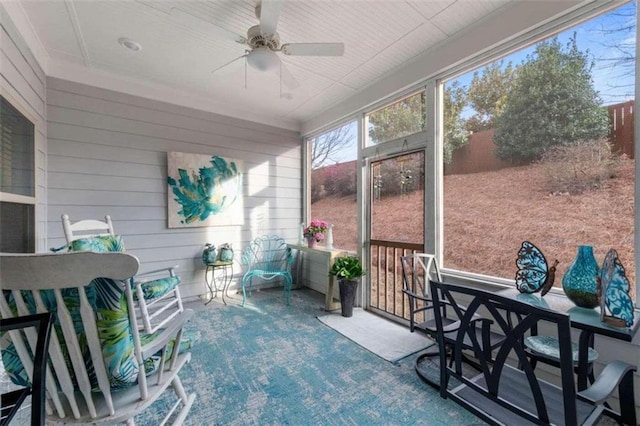 sunroom featuring ceiling fan