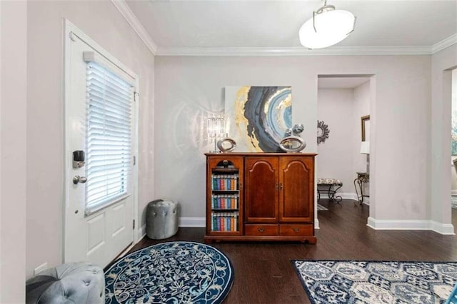 entryway featuring crown molding and dark hardwood / wood-style flooring