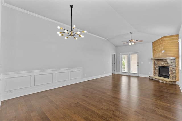 6469 Crosscreek Ln, Flowery Branch, GA 30542 - unfurnished living room featuring a fireplace, a chandelier, dark wood-style floors, a ceiling fan, and lofted ceiling