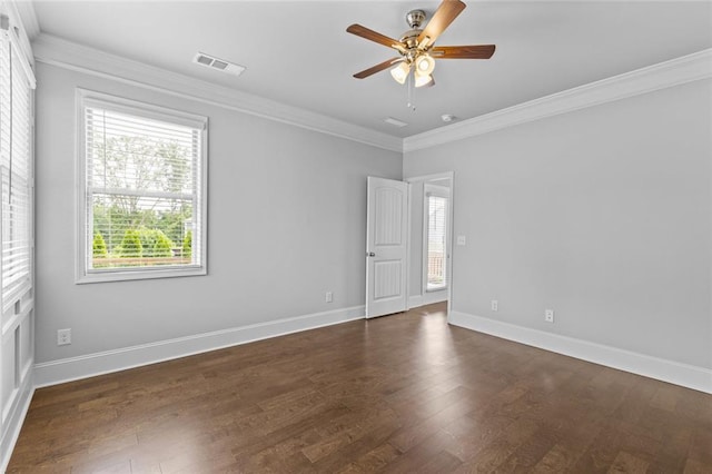 6469 Crosscreek Ln, Flowery Branch, GA 30542 - spare room featuring crown molding, ceiling fan, and dark wood-type flooring