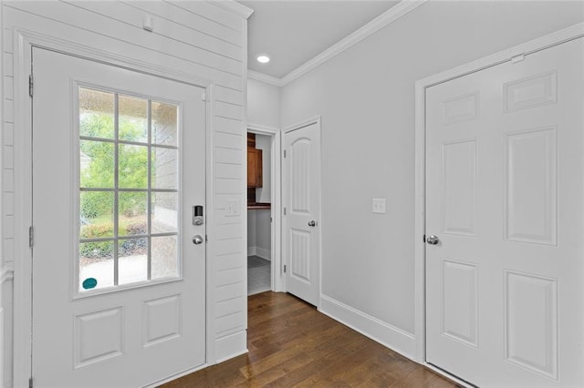6469 Crosscreek Ln, Flowery Branch, GA 30542 - entryway with crown molding, dark wood-type flooring, plenty of natural light, and recessed lighting