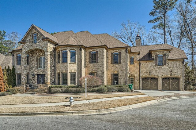 french country inspired facade with brick siding, driveway, a chimney, and a garage