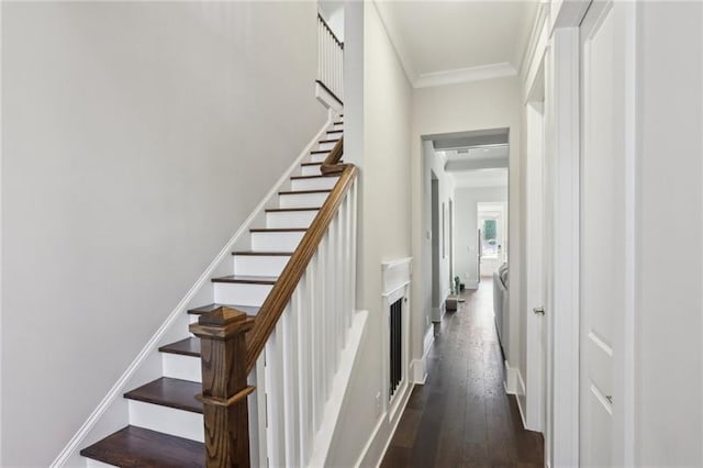 stairway with crown molding and hardwood / wood-style flooring