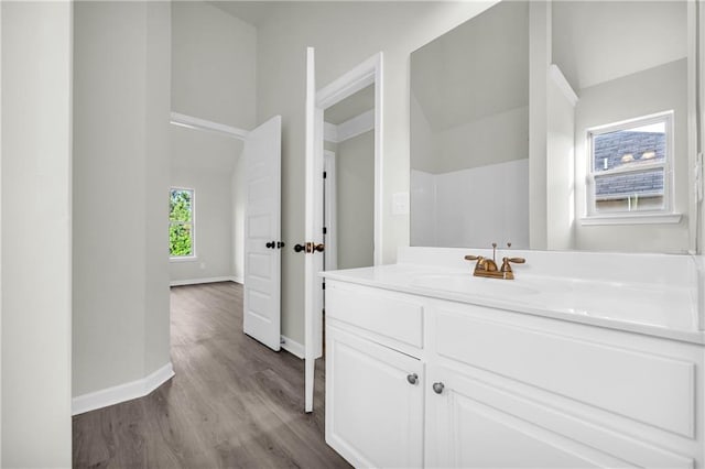 bathroom featuring wood-type flooring and oversized vanity