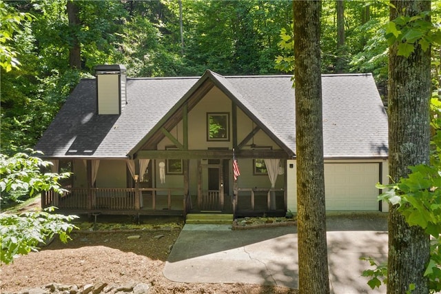 532 Coffee Cove Dr, Jasper, GA 30143 - view of front facade with covered porch, driveway, a shingled roof, and a chimney