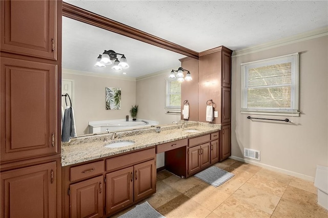 bathroom featuring ornamental molding, vanity, a tub to relax in, and tile patterned flooring