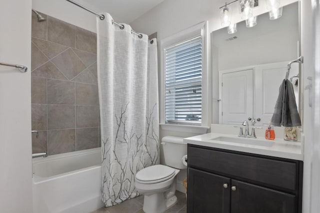 bathroom with shower / tub combo, vanity, tile patterned flooring, toilet, and visible vents