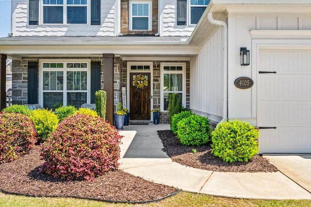 view of exterior entry with stone siding