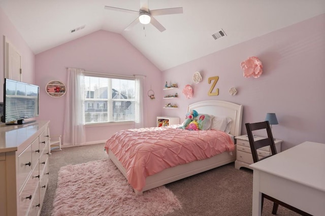 bedroom featuring visible vents, ceiling fan, light colored carpet, and vaulted ceiling
