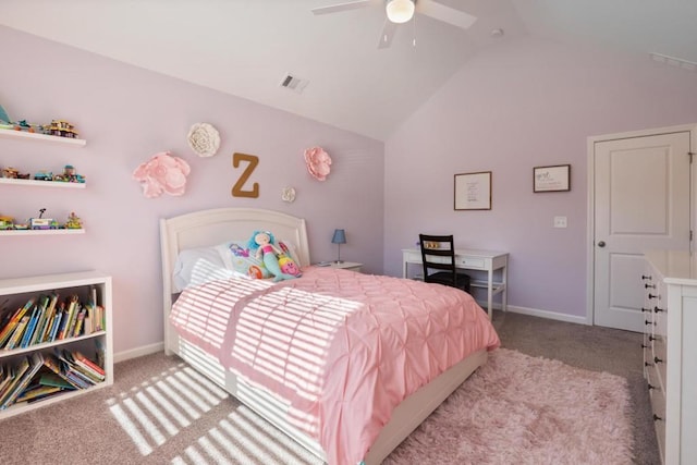 carpeted bedroom featuring visible vents, baseboards, a ceiling fan, and lofted ceiling