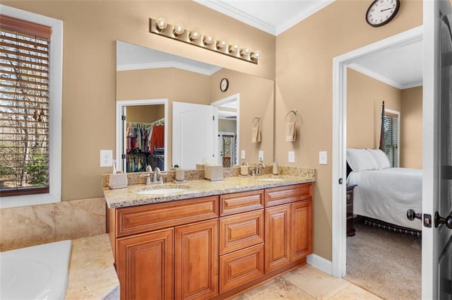 full bathroom with ensuite bath, crown molding, a bath, and a sink