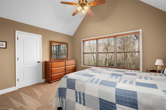 bedroom with a ceiling fan, baseboards, high vaulted ceiling, and carpet flooring