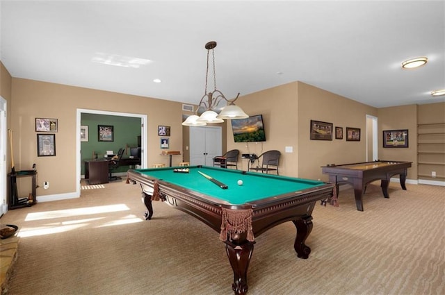 rec room featuring baseboards, light carpet, visible vents, and pool table