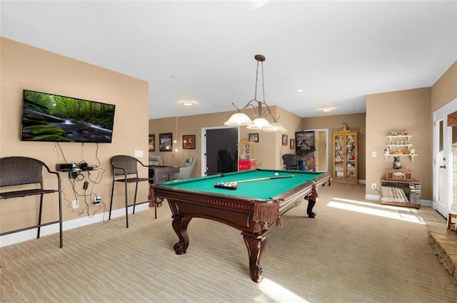 playroom with baseboards, carpet, and billiards