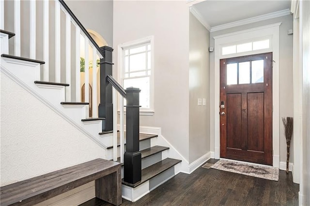 foyer featuring a wealth of natural light, dark wood-style flooring, baseboards, and ornamental molding