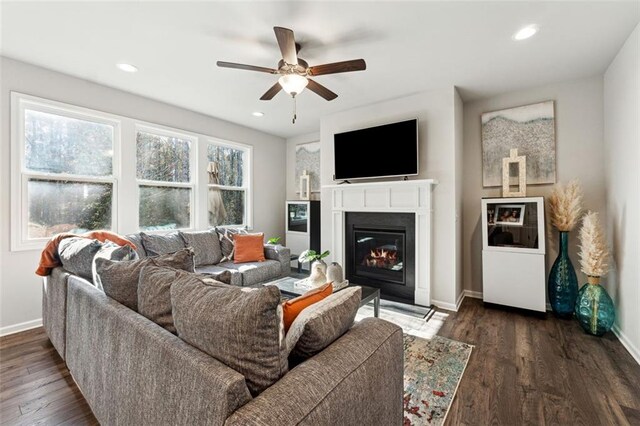 living room featuring ceiling fan and dark wood-type flooring