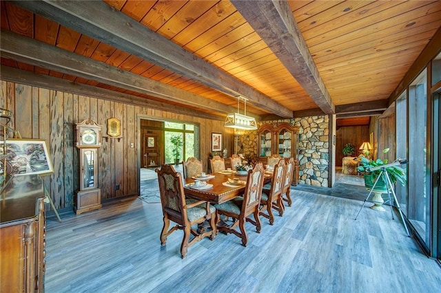 dining area with wood-type flooring, wood ceiling, wooden walls, and beamed ceiling