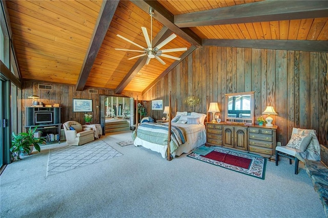 bedroom featuring vaulted ceiling with beams, wood ceiling, and light colored carpet