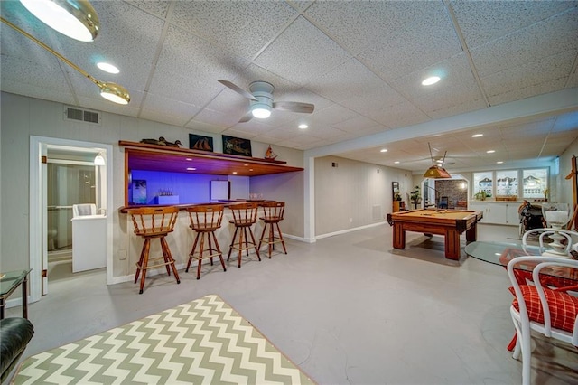 playroom featuring ceiling fan, a paneled ceiling, bar, and billiards