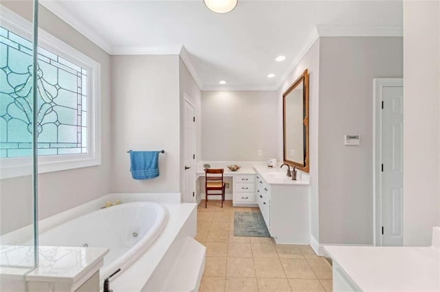 bathroom with crown molding, a whirlpool tub, vanity, tile patterned floors, and recessed lighting