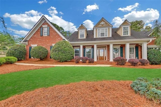 cape cod house with brick siding, a front yard, and a porch