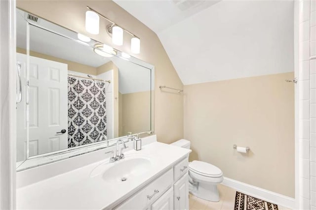 bathroom featuring lofted ceiling, tile patterned flooring, toilet, vanity, and a shower with shower curtain