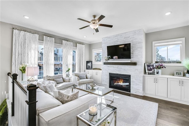 living area featuring crown molding, a stone fireplace, a healthy amount of sunlight, and dark wood-style flooring