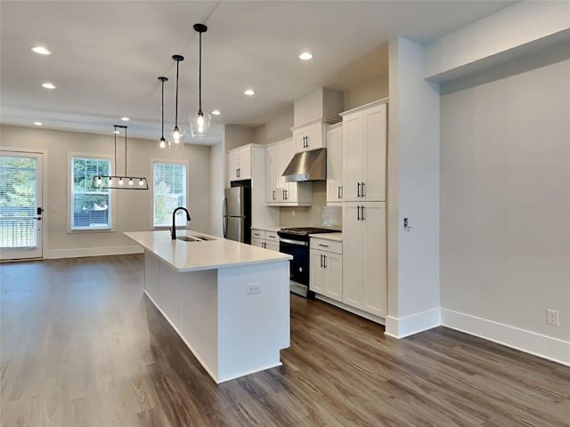 kitchen featuring under cabinet range hood, dark wood-style flooring, appliances with stainless steel finishes, and a sink