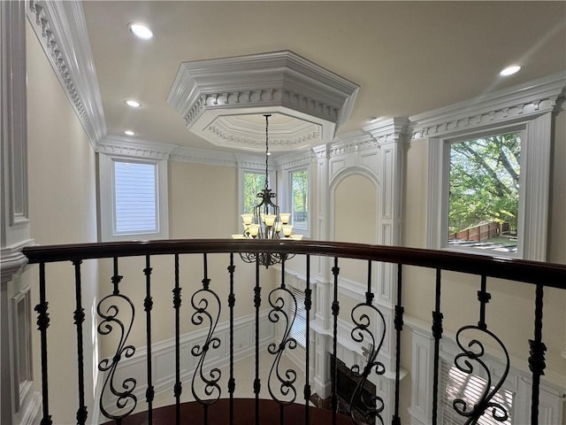 1417 Wind Chime Ct, Lawrenceville, GA 30045 - detailed view of a chandelier, crown molding, recessed lighting, and a raised ceiling