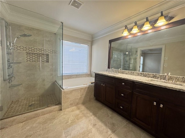 1417 Wind Chime Ct, Lawrenceville, GA 30045 - bathroom featuring a garden tub, a stall shower, double vanity, and ornamental molding