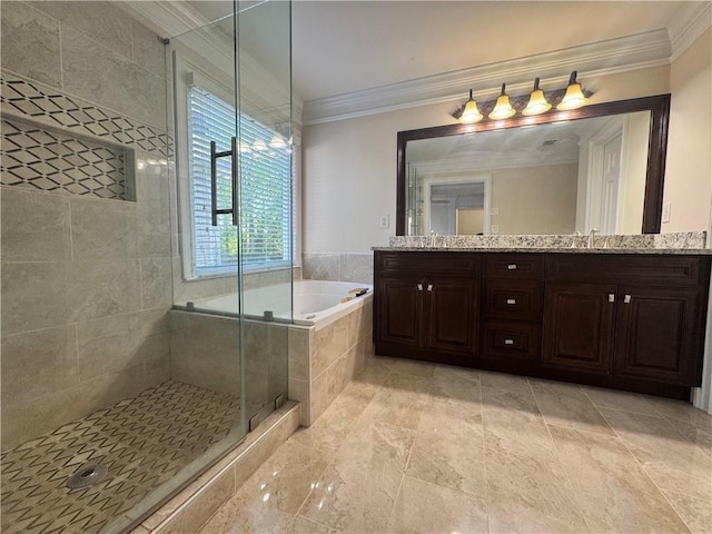 1417 Wind Chime Ct, Lawrenceville, GA 30045 - full bathroom featuring crown molding, a garden tub, a shower stall, and double vanity