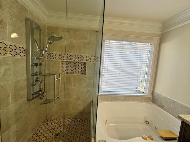 1417 Wind Chime Ct, Lawrenceville, GA 30045 - bathroom featuring ornamental molding, a jetted tub, a stall shower, and vanity