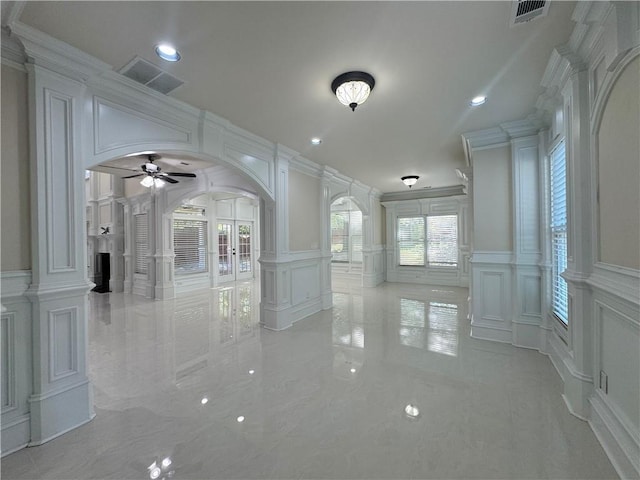1417 Wind Chime Ct, Lawrenceville, GA 30045 - corridor with a decorative wall, arched walkways, ornate columns, crown molding, and recessed lighting