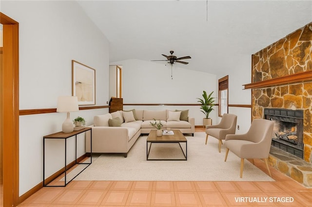 2419 Anderson Mill Rd, Austell, GA 30106 - living room with lofted ceiling, a ceiling fan, and a stone fireplace