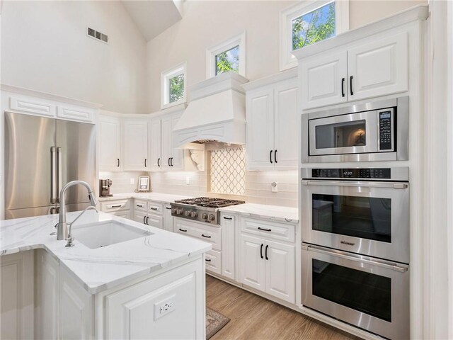 5964 Chickasaw Ln, Braselton, GA 30517 - kitchen featuring tasteful backsplash, stainless steel appliances, a sink, visible vents, and custom exhaust hood