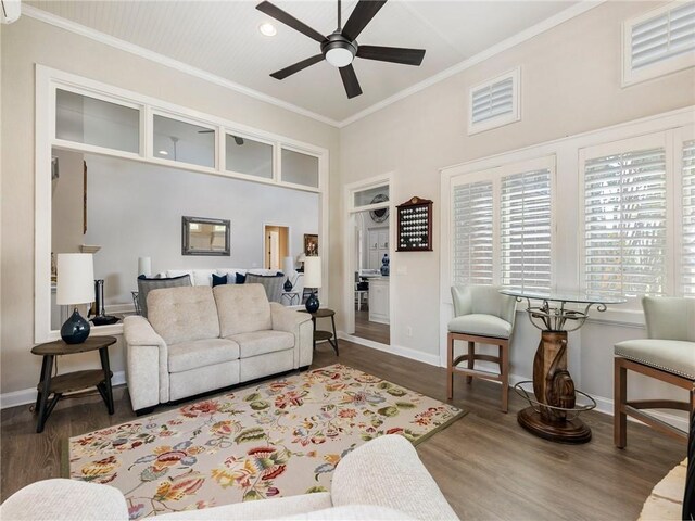 5964 Chickasaw Ln, Braselton, GA 30517 - living room with ceiling fan, wood finished floors, and ornamental molding