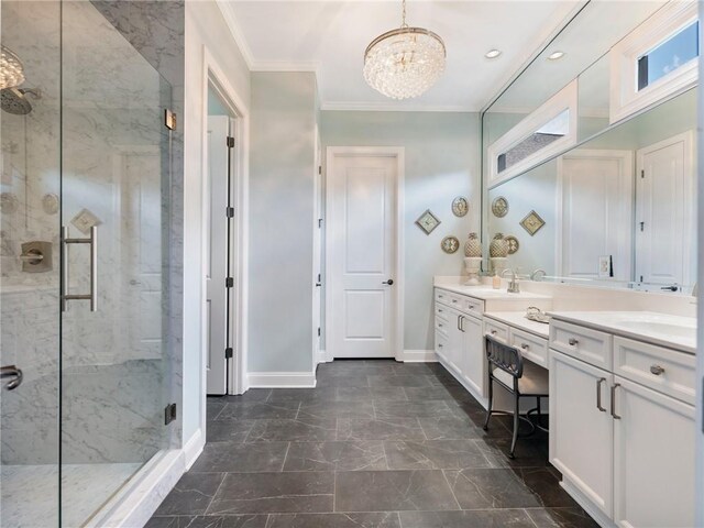 5964 Chickasaw Ln, Braselton, GA 30517 - bathroom with crown molding, a chandelier, a marble finish shower, baseboards, and double vanity