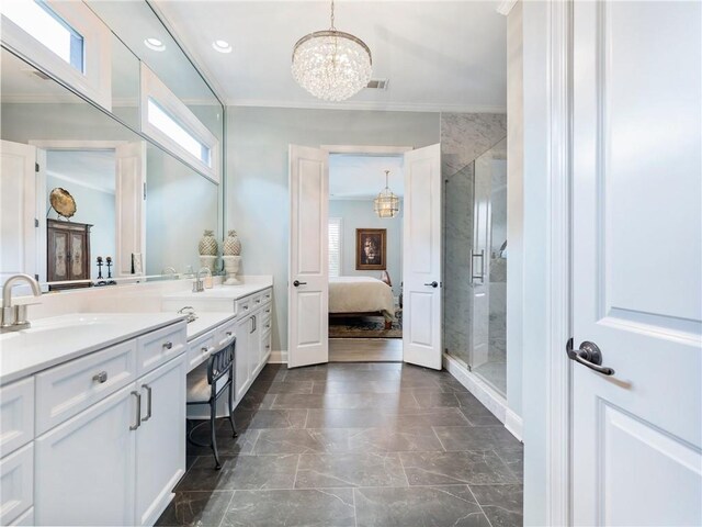5964 Chickasaw Ln, Braselton, GA 30517 - full bathroom featuring ornamental molding, vanity, a stall shower, ensuite bath, and an inviting chandelier