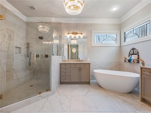 5964 Chickasaw Ln, Braselton, GA 30517 - bathroom featuring marble finish floor, visible vents, a marble finish shower, and an inviting chandelier