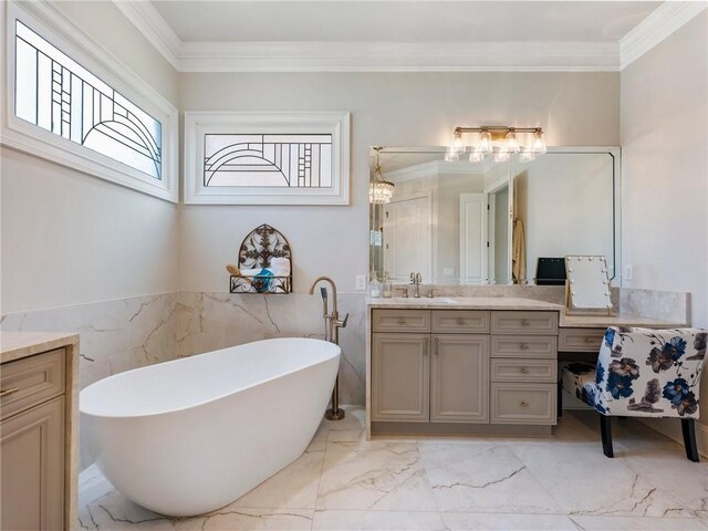5964 Chickasaw Ln, Braselton, GA 30517 - bathroom with marble finish floor, a soaking tub, crown molding, and vanity