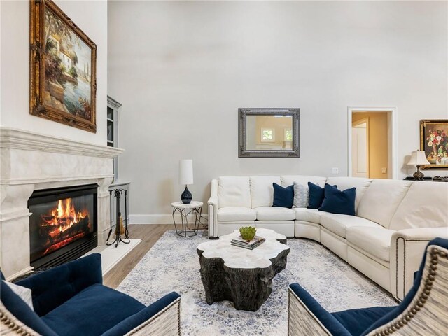 5964 Chickasaw Ln, Braselton, GA 30517 - living room featuring a high ceiling, baseboards, a premium fireplace, and wood finished floors