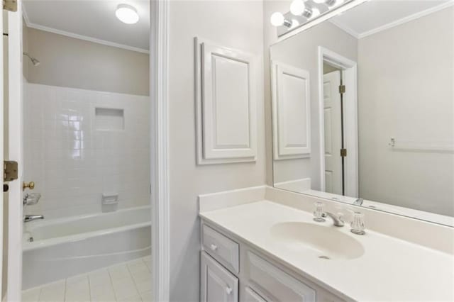 full bath with tile patterned floors, tub / shower combination, vanity, and ornamental molding