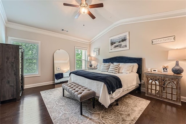 2433 Santa Rosa St, Alpharetta, GA 30009 - bedroom with dark wood-type flooring, vaulted ceiling, crown molding, and a ceiling fan