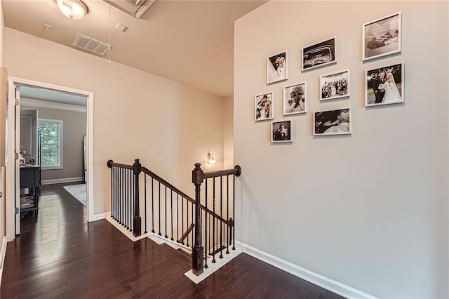 2433 Santa Rosa St, Alpharetta, GA 30009 - hallway featuring attic access, an upstairs landing, and dark wood-type flooring