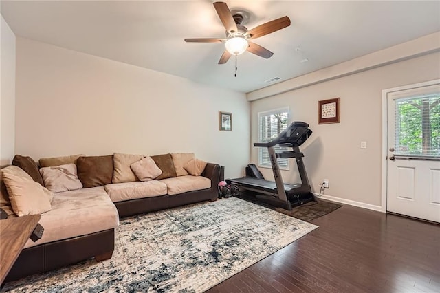 2433 Santa Rosa St, Alpharetta, GA 30009 - living area with healthy amount of natural light, dark wood-style floors, and a ceiling fan