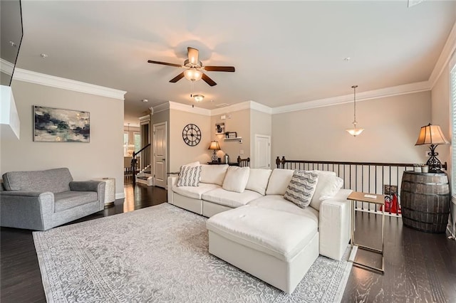 2433 Santa Rosa St, Alpharetta, GA 30009 - living room with a ceiling fan, wood finished floors, crown molding, and stairs