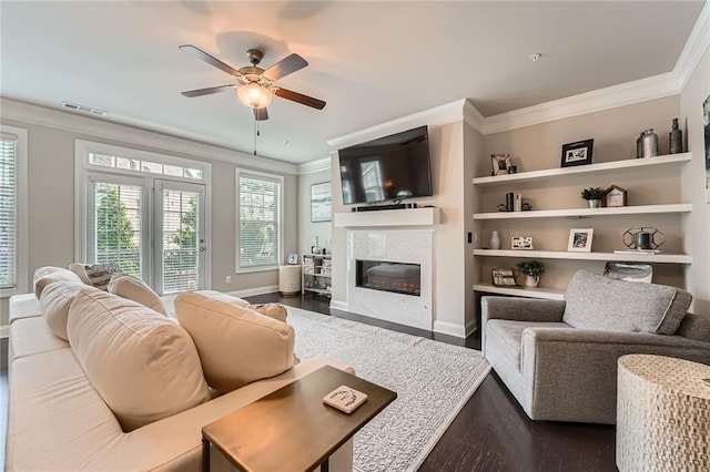 2433 Santa Rosa St, Alpharetta, GA 30009 - living room with crown molding, a ceiling fan, dark wood finished floors, and a premium fireplace